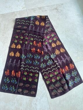 Vintage 100% Silk Scarf - Deep Plum Background with Multicolor Leaves